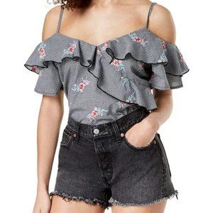 Gypsies & Moondust | Gingham & Rose Cold Shoulder Ruffle Top